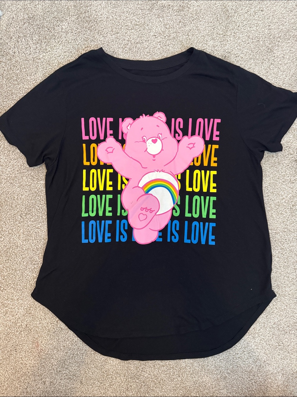 Kids Black Tee with Care Bear Rainbow Graphic - Love Is Love